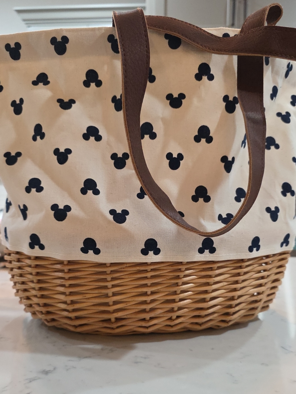 Canvas Tote with Navy Icon Print and Brown Strap